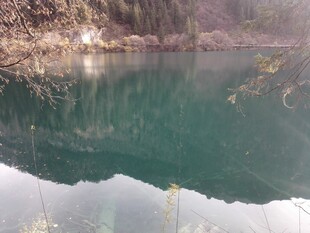 宁静碧绿湖水映山景