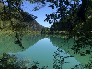 静谧山林中的碧绿湖水