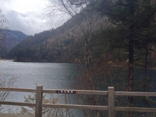 湖畔木栏边的山水景致