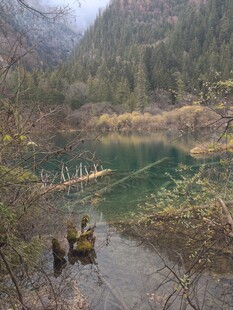 山间幽美清澈的碧绿湖水