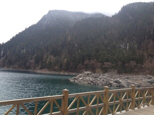 湖畔木栏旁的青山绿水