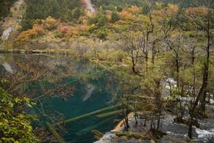 秋日山林中的幽蓝湖水