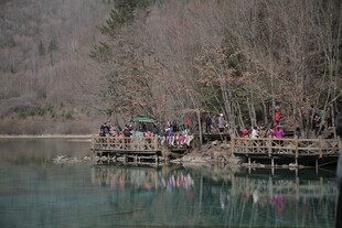 湖畔码头游人赏景