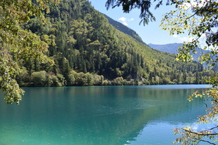 碧绿湖水与葱郁山林美景