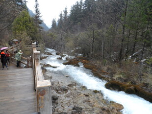 山间栈道旁的湍急溪流