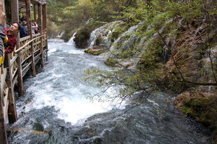 山间栈道旁的潺潺溪流