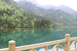 湖畔木栏赏青山绿水