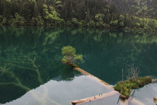 清澈幽蓝的山间静谧湖水