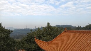 中式屋顶下的山林景致