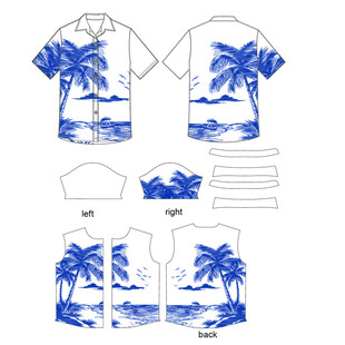 蓝白椰树图案短袖服装设计图