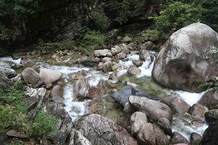 山间溪流穿石而过