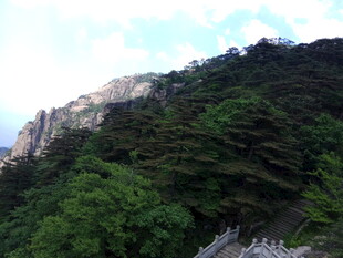 青山绿树间的巍峨峭壁