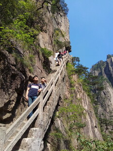 游客攀登山间陡峭木栈道