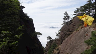 悬崖上的黄色醒目物体