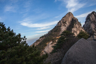 巍峨山峰与葱郁树木景观