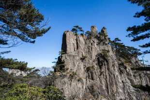巍峨奇峰屹立于山林间