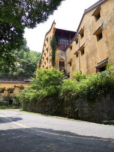 古朴建筑旁的绿荫街道