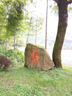 石上红字 湖畔自然景致