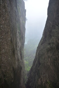 雾中峡谷岩石景观
