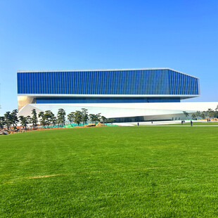 现代建筑旁的翠绿草坪