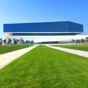 现代建筑前的大片绿茵草地