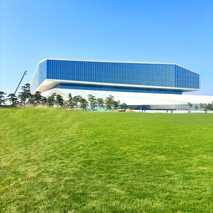 现代建筑旁的翠绿草坪