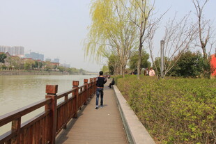 河畔漫步道上的悠闲行人