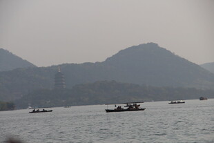 湖山之间的悠然船只