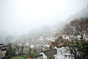 雾中朦胧山村景色
