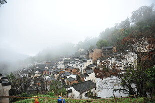 雾中村落隐于青山绿林间