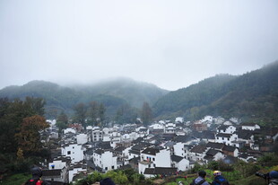 雾中静谧山村景色
