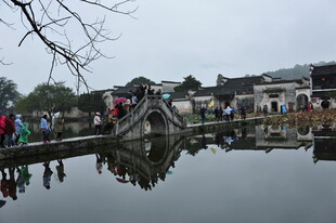 江南水乡石桥边游人景致