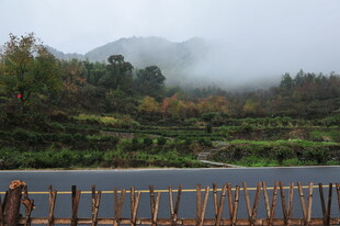 山间雾霭中的公路景致