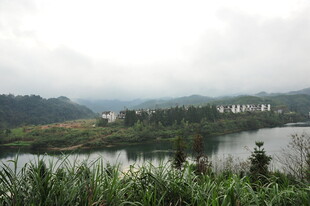 湖畔乡村景致 云雾缭绕