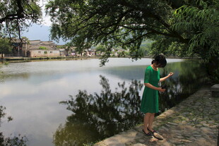 湖畔绿衣女子专注看手机