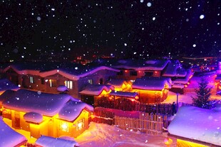 雪夜村庄灯火与璀璨星空