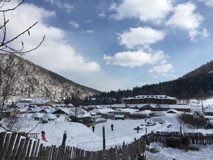 冬日雪覆山村美景