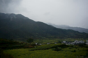 山间绿野中的朦胧村落