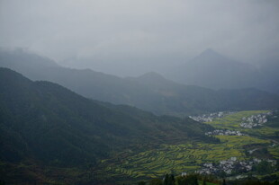 雾中群山环抱的静谧村落