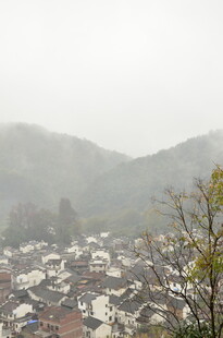 雾中古朴村落远景