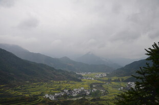 山间云雾缭绕的村落景观