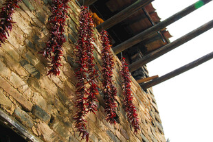 墙上悬挂的串串红辣椒