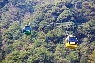 山间缆车穿梭于葱郁山林