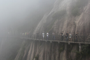 雾中悬空栈道上的游客