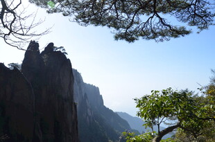 巍峨山峰与葱郁树木美景
