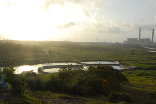 夕阳下的工厂与自然景观