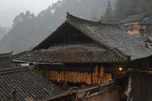 烟雨朦胧中的古朴传统民居