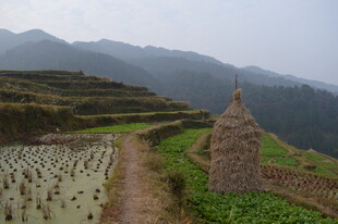 山间梯田与稻草堆景观