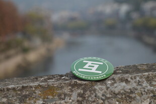 河边石上的绿色圆形标志