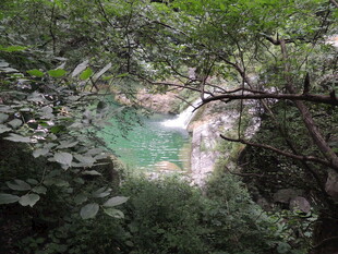 山林中的碧绿幽潭瀑布